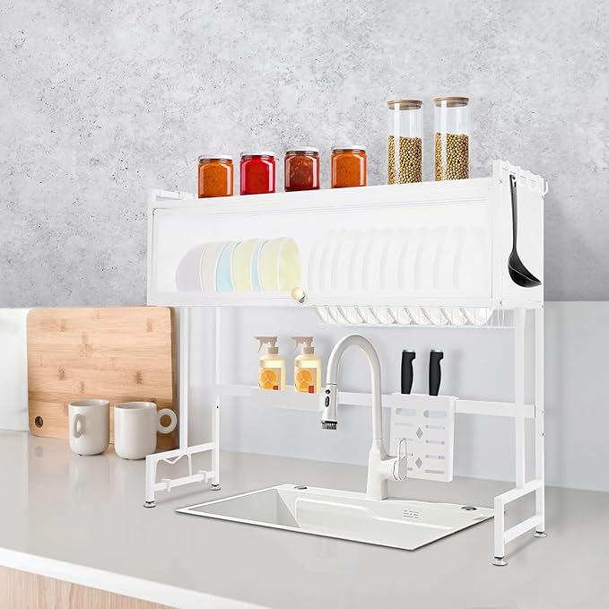 Over The Sink Dish Drying Rack 2 Tier Large Dish Drainer Drying Rack 37.4" W Multifunctional Kitchen Organizers and Storage for Dishes, Glasses, Bowls, and Cutlery (White)