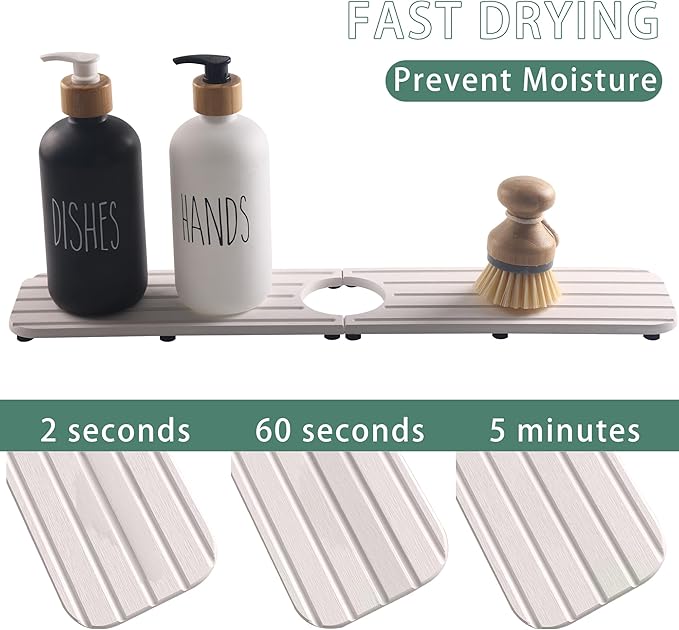 NiuYichee 20inch x 4inch Kitchen Sink Faucet Mat, Water Absorbing Stone Faucet Splash Guard for Bathroom Counter, Quick Drying Diatomite Tray for Kitchen Sink, White