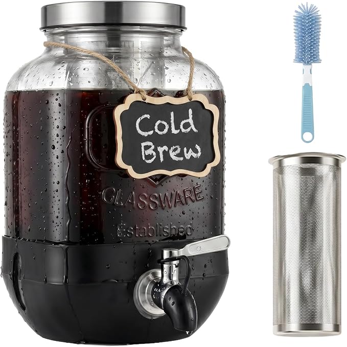 Cold Brew Coffee Maker With, Cold Brew Pitcher,1 Gallon Glass Pitcher With Stainless Steel Filter,304 Stainless Steel Leak-Proof Spigot,100% Leakproof,Large Iced Coffee Maker for Home, Easy to Use