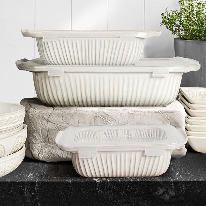 Artena Casserole Dishes For Oven, Ceramic Baking Dish, Large Lasagna Pan With Handles, Baking Pan Casserole Dish, Rectangular Bakeware Deep, Set Of 3 (5.1Qt/2.3Qt/1.1Qt) (White, With Lids)