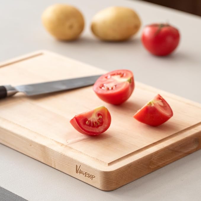 Vandroop Premium Hard Maple Cutting Board for Kitchen - 18"x12"x1.06" Reversible Wood Chopping Board with Juice Groove, Edge Grain Butcher Block