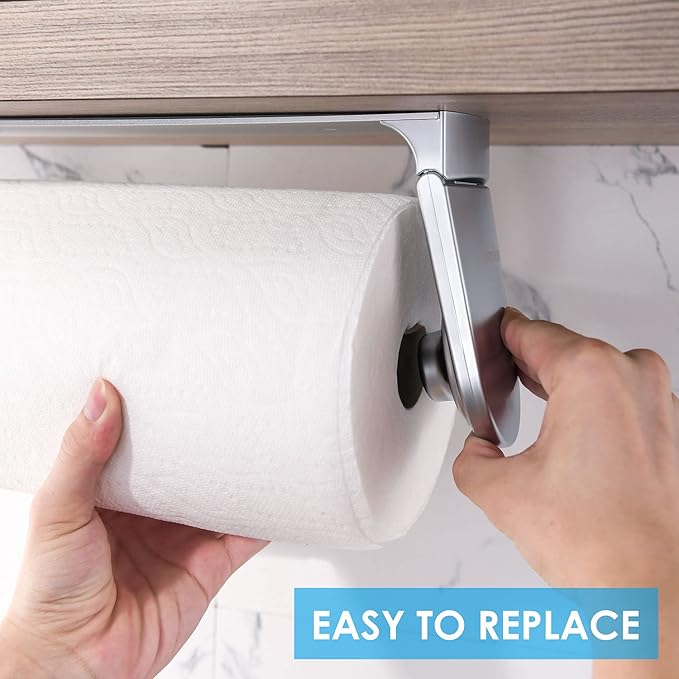 simpletome ONE Hand Tear Paper Towel Holder Under Cabinet Adhesive or Drilling Installation Aluminum Alloy + ABS (Pearl Chrome Silver)