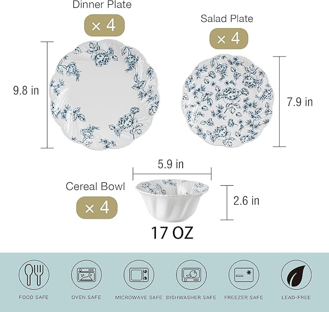 Ceramic Dinnerware Set 12-Piece Scalloped Edge Dish Set for 4 Vintage Floral Elegant Kitchen Dinner Plates Bowls for Daily Use & Party Microwave & Dishwasher Safe