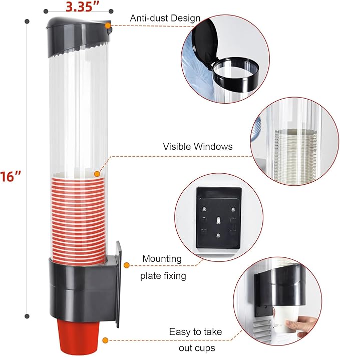 Cup Dispenser, Wall Mount Water Cooler Cup Holder Fits 5oz - 7oz Disposable Paper Plastic Cups for Home Office Hospital Cups Organizer, Adhesive Paste or Screw Install (Black, Medium)