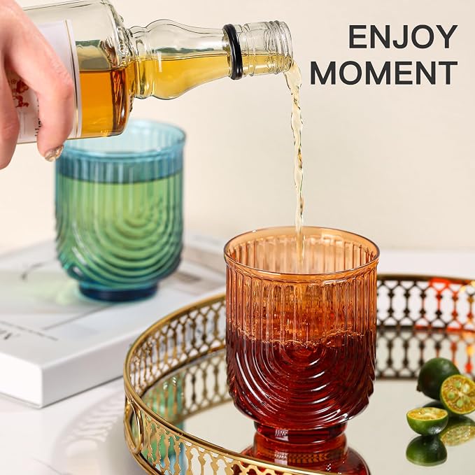 JOVGANK Colored Vintage Drinking Glasses Set of 6-14Oz Colorful Drinking Glasses, Art Deco Ripple Highball Glass, Whiskey Cocktail Glasses, for Bar Coffee Juice, Housewarming Gift
