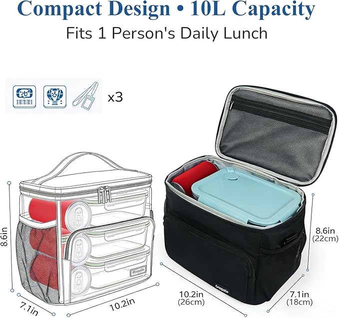 Gloppie Flight Crew Lunch Bag with Luggage Trolley Sleeve - Professional Insulated Cooler Bag for Flight Attendants & Pilots, Leakproof Lunch Box with Reinforced Structure for Travel & Work, Black