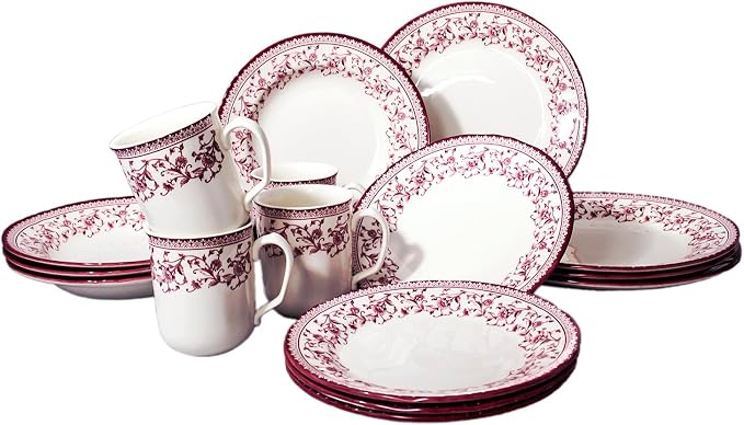 Tudor Royal Collection 16 Piece Round Dinnerware Set, Service for 4, Aster Pink Design, Red Floral, Plates Bowls Dishes, High Gloss Premium Quality