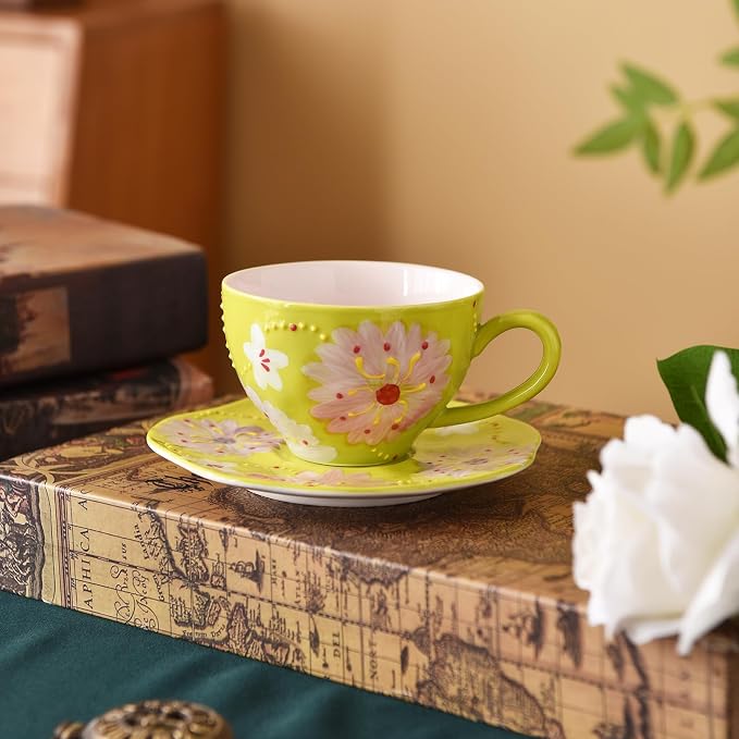 Adorable Bunny-Themed Pink Ceramic Cup & Saucer Set，7oz hand-painted ceramic Perfect for fairy tea parties, birthday gifts, parties, Christmas, and New Year. (Green)