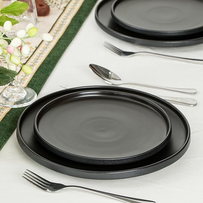 Ceramic Salad & Dessert Plates Set, 8 Inch, Set of 4, Modern Black | Stoneware, Dishwasher & Microwave Safe, Small Dinner Plates, For Cake, Fruits, Waffle, Pasta, Salad