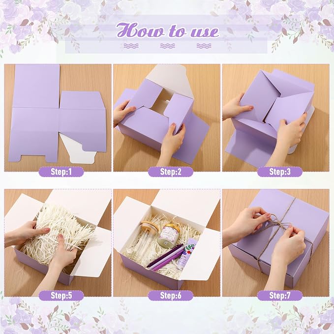 Reallnaive 6 Sets Baby Shower Prizes for Game Winners, Baby Shower Favors Including Glass Cup Scented Candles Hand Cream Pens Gift Box with Raffia for Gender Reveal Wedding Bridal Party Prizes(Purple)