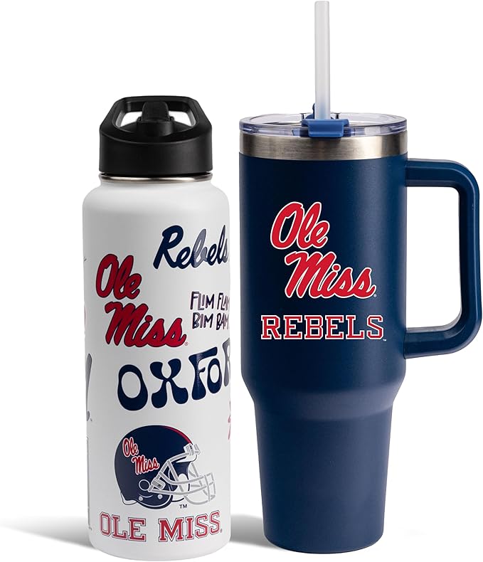 The Memory Company Officially Licensed NCAA 2-Pack Stainless Steel Tumbler Set, 34oz Team Spirit Water Bottle & 40oz Game Day Tumbler with Lid and Straw, BPA-Free Materials, Convenient Straw Design