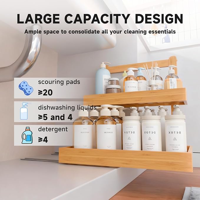 2-Tier Under Sink Pull Out Organizer, Bamboo Cabinet Storage Shelf with Adjustable Height, Slide Out for Kitchen Bathroom Pantry (Natural, 2 Packs)