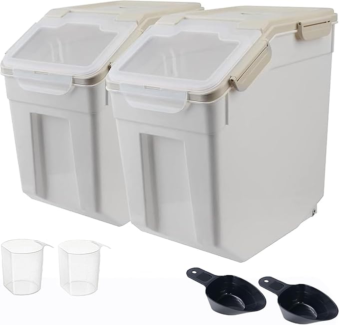 RUIAN 2Pcs Large Flour Storage Container Bin 25Lb Airtight Rice Storage Containers with Wheels Seal Locking Lid, BPA Free with Measuring Cup&Scoop for Flour, Rice, Grain (Gray)