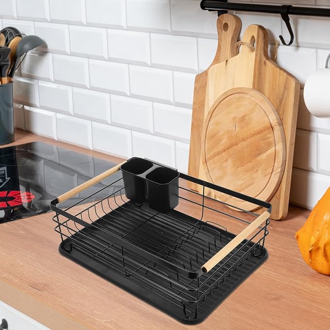 Large Metal Dish Drying Rack with Removable Drip Tray, Over The Sink Kitchen Counter Dish Strainer and Storage Organizer for Plates and Bowls