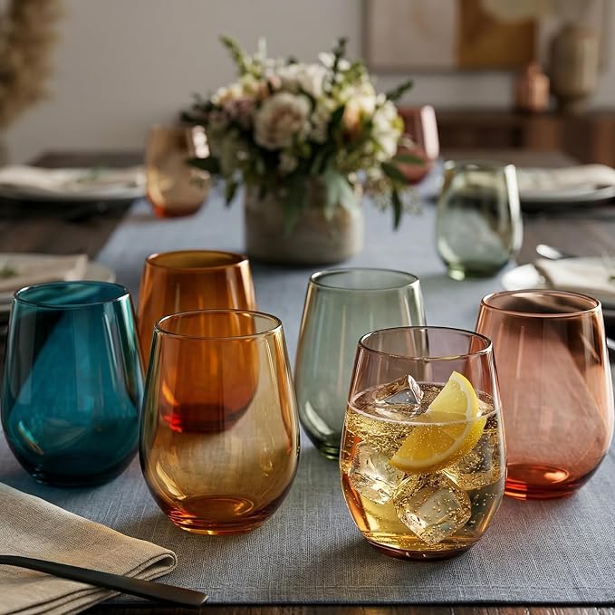 Khen European Style Shatterproof Tritan Stemless Wine Glasses, Acrylic Glass Drinkware, Unbreakable Colored, 6 - Set - BPA-free plastic, Reusable, Dishwasher Safe, All Purpose Glassware 15oz - (Muted)