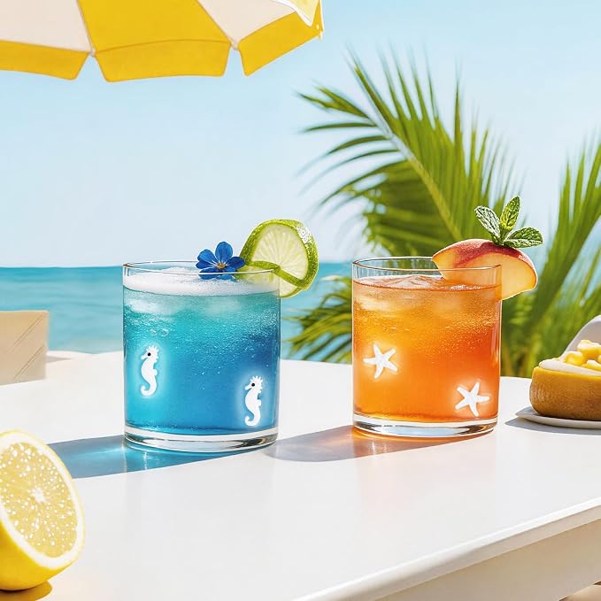 4 Pcs Summer Ocean Icon Glasses Set, 14oz Aesthetic Shell Starfish Seahorse Turtle Glass Cup Icon Stemless Coffee Cocktail Glassware Cup for Party Supplies Gift (Ocean)