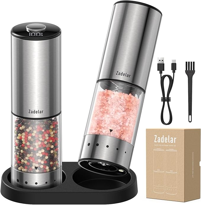 Rechargeable Electric salt and pepper grinder set with Storage Base,Automatic Refillable Salt and Pepper Shakers with LED Display,Upgraded Large Capacity,External Adjustable Coarseness for Mom Gifts