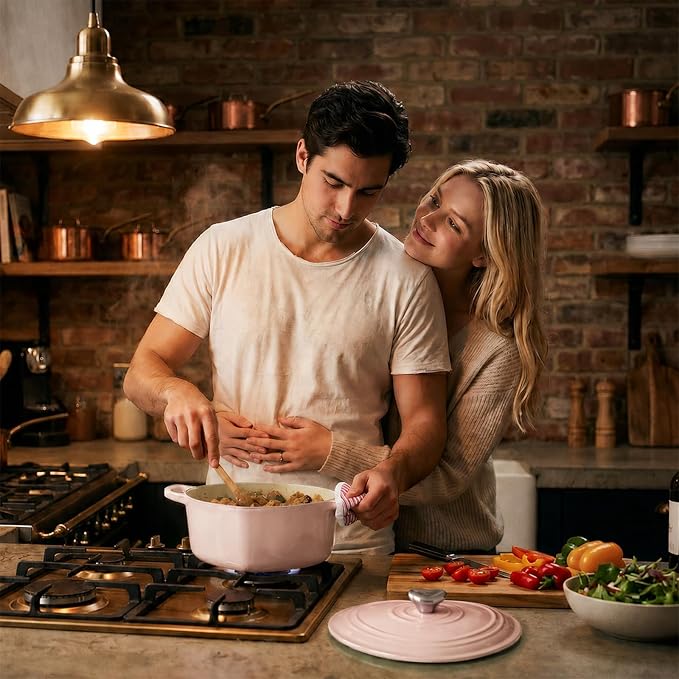 Overmont Heart-Shaped Enameled Cast Iron Dutch Oven, 2QT Pink Mini Pot with Lid for Cozy Meals, Soups & Small Batch Baking, Cute Kitchen Cookware Gift for Wedding, Housewarming & Birthday