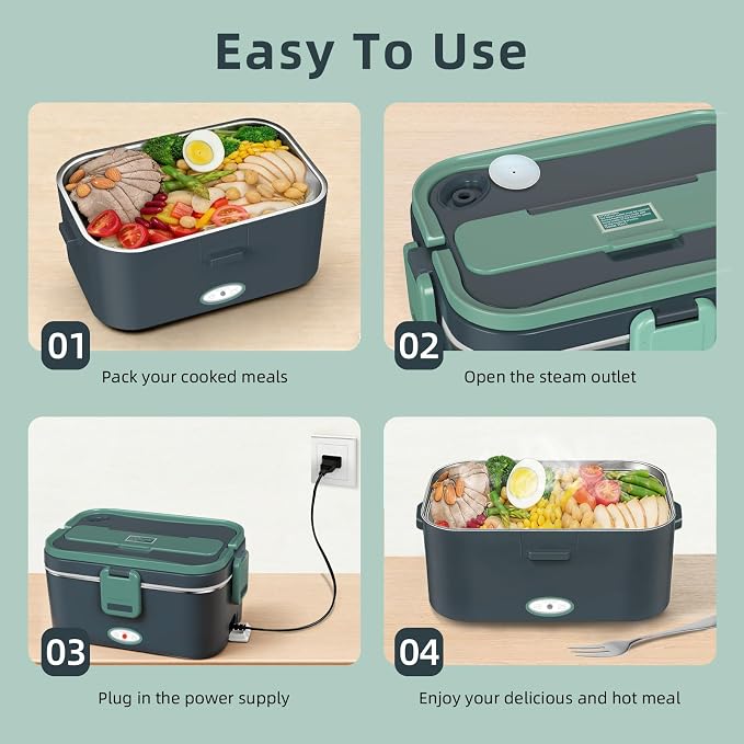 Electric Lunch Box for Adults, 80W Heated Lunch Box For Men, 1.8L 304 Stainless Steel Container, 12V/24V/110V Portable Food Warmer for Car Truck Work & Travel, Lonchera Elctrica (Green)