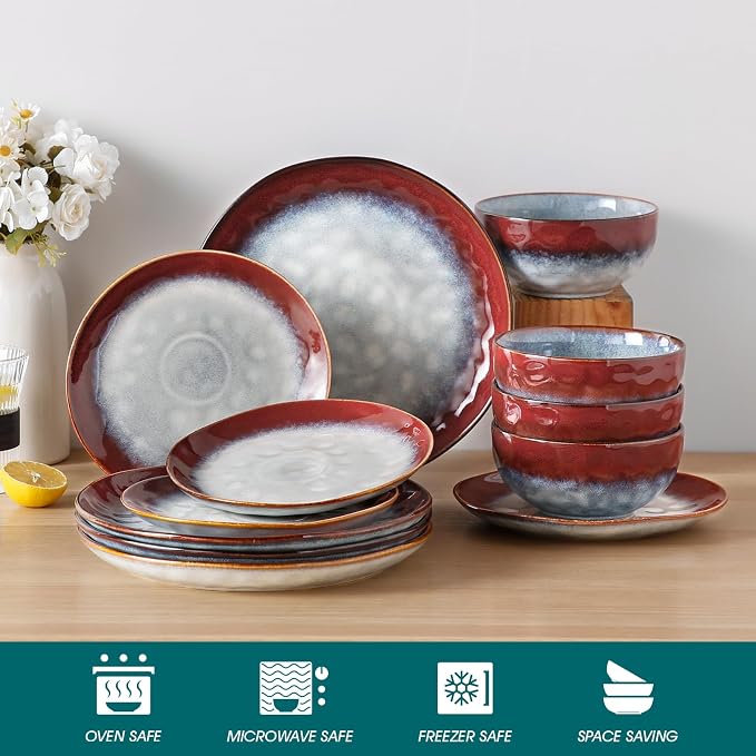 vancasso Starry Dinnerware Set for 4, Handmade Reactive Glaze Stoneware 12 Pieces Plates and Bowls Sets, Dishwasher and Microwave Safe Dish Set, Red