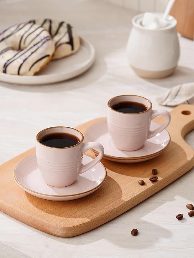 famiware Jupiter Espresso Cups and Saucers Set of 4, 3 oz Ceramic Small Coffee Mug with Handle, Spiral Stoneware Demitasse Cup for Tea, Latte, Cafe - Microwave & Dishwasher Safe, Light Pink