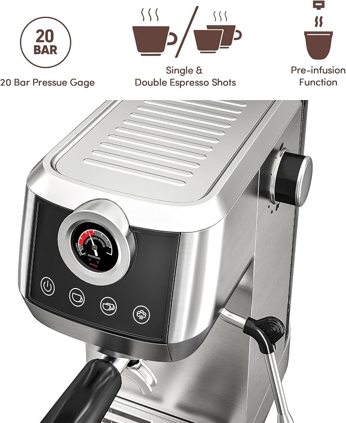 wirsh Espresso Machine,20 Bar Semi-Automatic Espresso Maker with Milk Frother Steamer&Touch Screen,Compact Stainless Steel Expresso Machine for Latte & Cappuccino,42oz Tank,UPGRADE