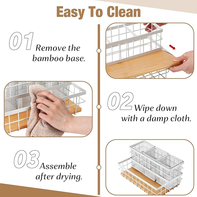 AceOrbit 1 Pcs 1pcs Hair Tool Organizer Countertop Breathable Metal Bamboo Hot Tools Vanity Organizer Under Sink Bathroom Hair Dryer Holder Countertop Brush Comb Holder Tray (Natural Bamboo,White)
