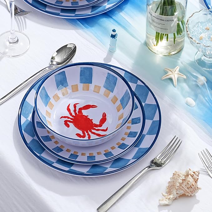 Webbylee Gingham Crab Pattern Melamine Dinnerware Sets 12 Pcs, Unbreakable Plates and Bowls Sets, Ocean Dinner Plates, Dishwasher Safe, Picnic, Camping,Gift,Blue Dish Set