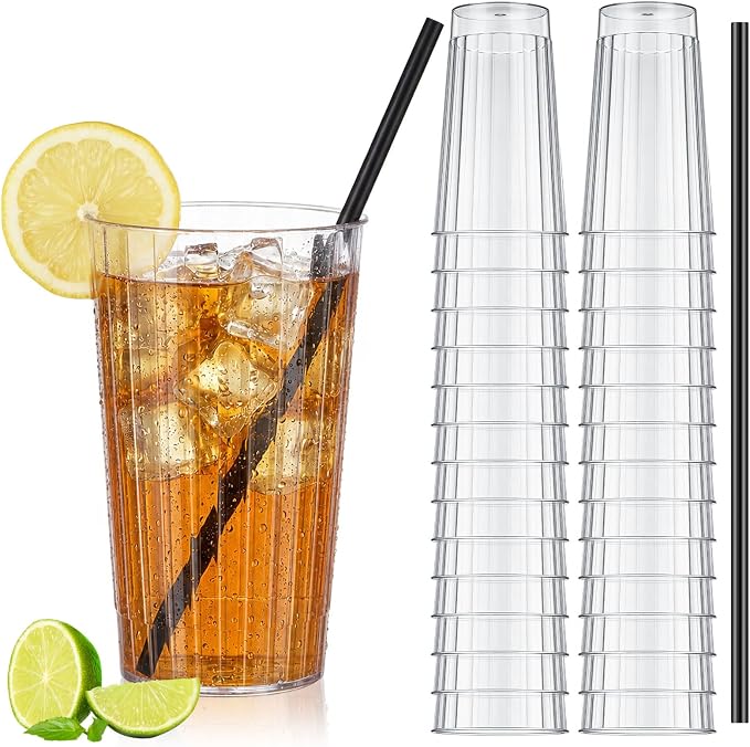 Plastic Highball Glasses with Straws(set of 48), 16 oz Shatterproof Drinking Cups, Tall Whiskey Collins Ribbed Cup, Smoothie Tumbler Mojito Cocktail Cup for Wedding Spring Summer Party