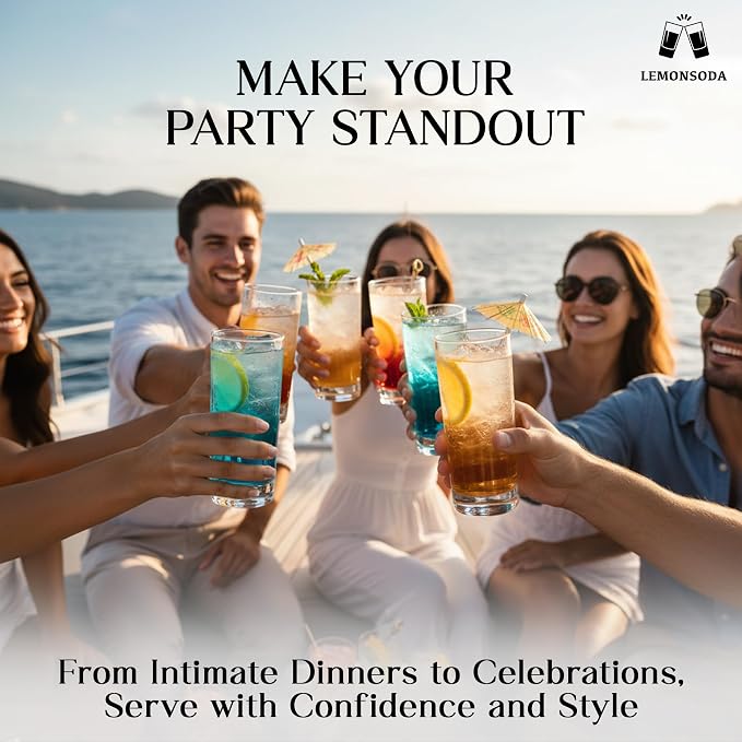 LEMONSODA Premium Highball 12oz/15oz Glass Sets - Elegant Tom Collins Glasses - Tall Water Drinking Glasses - Bar Glassware for Mojito, Whiskey, Cocktail (15oz, Set of 6)