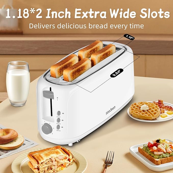 SEEDEEM 4 Slice Toaster, Extra Wide Slots Bread Toaster with 6 Shade Settings, Bagel/Cancel/Defrost/Reheat Functions, Removable Crumb Tray, Auto Shut-Off, White