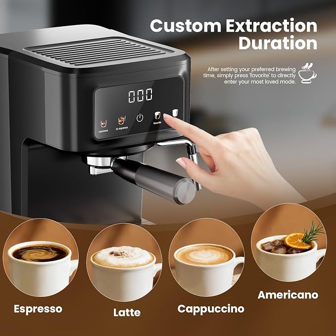 Kismile Espresso Machine with Milk Frother, 15 Bar Digital Espresso Maker for Latte & Cappuccino, LED Touch Screen, 1.5L Removable Water Tank, Compact Coffee Maker for Home/Office