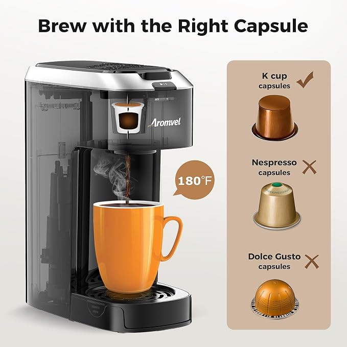 Single Serve Coffee Maker for K Cup Pods, One Button Coffee Maker, 6-14oz Brew Sizes, Fits Travel Mug, Compact for Small Kitchen, Office, Dorm, RV, Silver