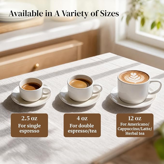 DOWAN 4 OZ Stackable Espresso Cups, Porcelain Coffee Cups with Saucers Set of 4, White Espresso and Tea Cups for Home, Office and Cafe Use