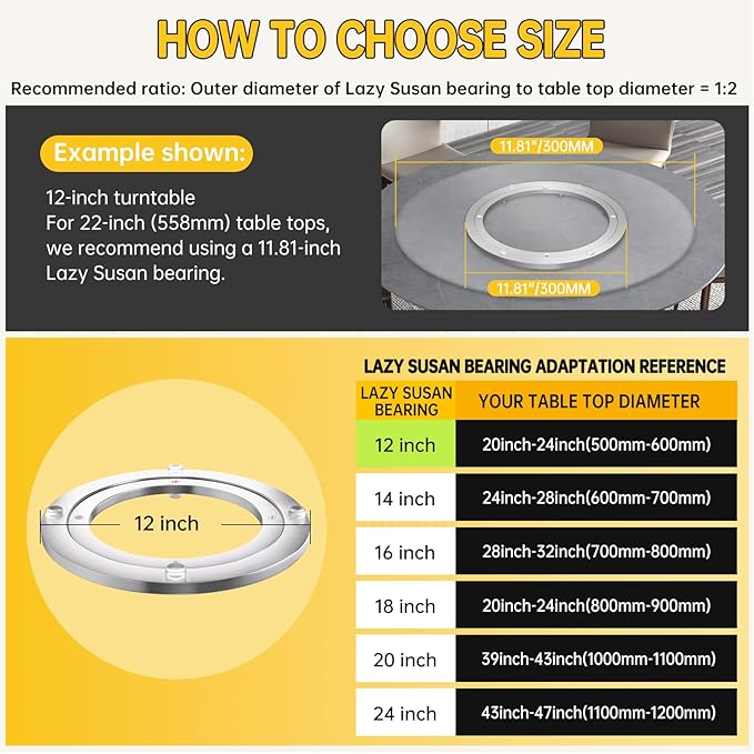 Lazy Susan Hardware 12 Inch Heavy Duty Bearing Kit, 360° Smooth Rotating Aluminium Alloy Turntable, Swivel Base for Dining Table, DIY Project, Display Stand & Workbench
