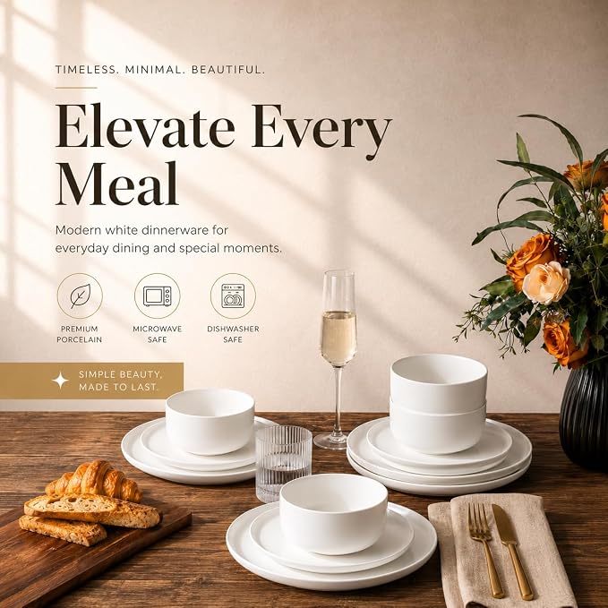 LERATIO Stoneware Dinnerware Sets for 4,Handcarft Ceramic Plates and Bowls Sets,Chip and Scratch Resistant Dishes, Dishwasher & Microwave Safe, Oven safe,Reactive Glaze-White