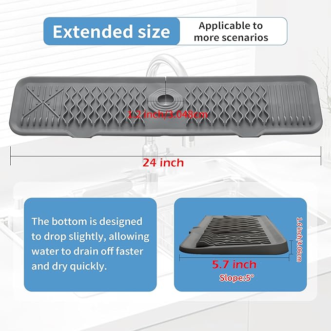 24 inch Silicone Splash Guard Kitchen Sink Gray Mat Dish Drying Mats Non-Slip Sponge Holder Bathroom Countertop Protect Kitchen Sink Splatter Screen Faucet Air Drying Mat Drip Catcher Tray