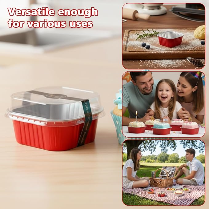 Ruckae 5oz 100 Pcs Square Mini Loaf Pans with Lids-Disposable Foil Dessert Containers,Mini Cake Pans with Lids,Aluminum Dessert Cups for Parties and Weddings (Red, 5oz)