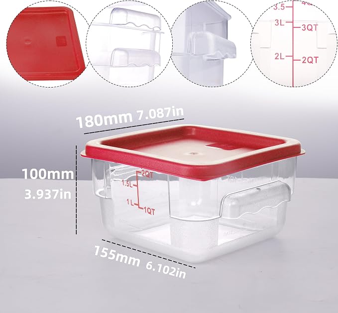 2 Pack RED Square Food Storage Container With Lid,Commercial Storage Box With Scale & Handle,Cake Making,Dough Marinating Meat,Kitchen Supplies (2 Quart)