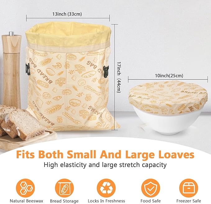 Reusable Pure Beeswax Bread Bags for Sourdough, Organic Cotton Beeswax Dough Bags, 2 Packs Homemade Bread Storage and Bowl Cover