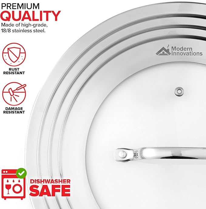 Modern Innovations Universal Lids with Tempered Glass (2 Pack), Fits 8.25 to 12 Inch Pots and Pans, Replacement Frying Pan Covers and Cast Iron Skillet Lids with Stainless Steel Rim