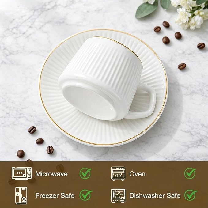 Espresso Cups Set of 6 with Saucers, 3.5oz Ceramic Demitasse Coffee Cups with Handles, White Porcelain Espresso Mug Set with Gold Trim, Microwave & Dishwasher Safe
