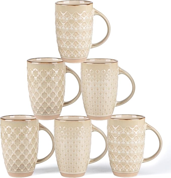 GBhome 20oz Large Coffee Mugs Set of 6, Handmade Tall Ceramic Coffee Mugs with Texture Patterns for Cappuccino, Latte,Hot Cocoa, Dishwasher & Microwave Safe-Pale Khaki