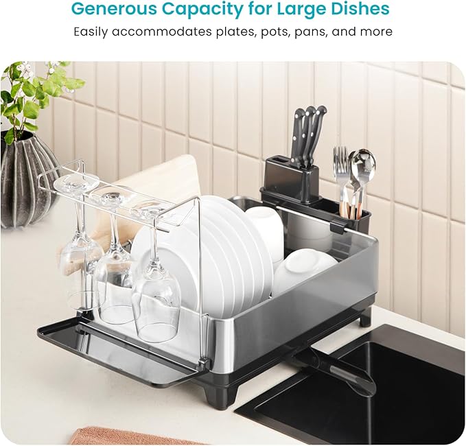 Home Zone Living Large 1-Tier Stainless Steel Dish Drying Rack with Drain Pipe and Utensil Holders