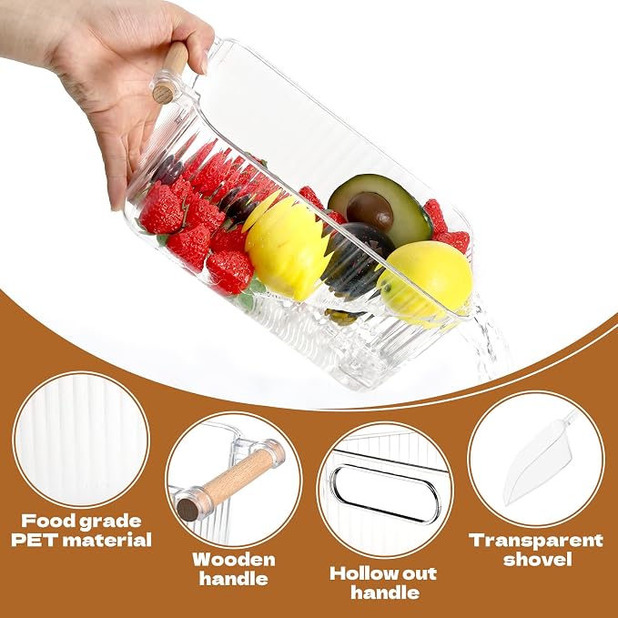 CIEOVO 4 Piece Ice Bin and 2 Flexible Scoop Set Plastic Freezer Ice Bin with Handle Clear Storage Bucket for Container with Bucket Scoop Kitchen Fridge