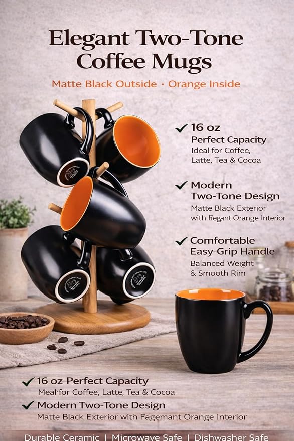 GBhome 16oz Coffee Mugs Set of 6, Large Ceramic Coffee Mugs for Man, Woman, Dad, Mom, Modern Coffee Mugs Set with handle for Tea/Latte/Cappuccino/Milk/Cocoa. Dishwasher&Microwave Safe,Orange