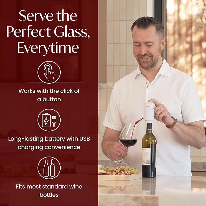 Vin Fresco Electric Wine Dispenser and Red Wine Aerator - One Button Electric Wine Aerator - Built in Wine Pourer Spout Aerator - Pumps and Dispenses Wine, Fits Most Bottles (White & Rose Gold)