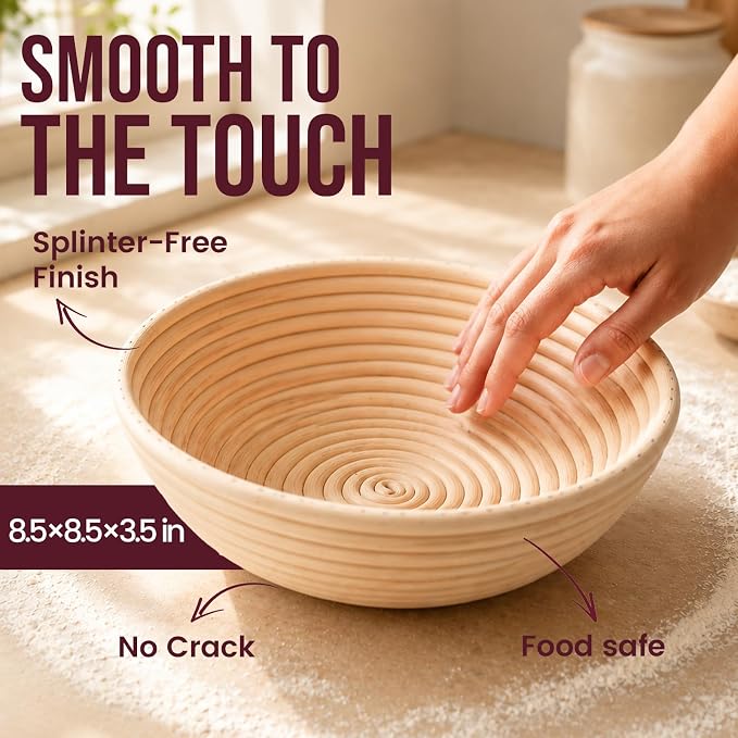 DOYOLLA Bread Proofing Baskets Set, 10 inch Oval & 8.5 inch Round Sour Dough Proofing Bowls w/Tools for Sourdough Bread Baking Supplies, Baking Gifts, Bread Making Kit | Handmade Rattan