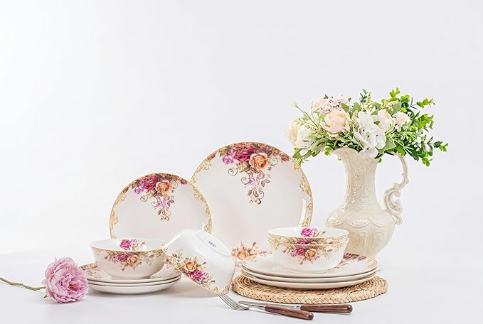 FHGNYSM Vintage Floral Dinnerware Set, 12-Piece Porcelain with Gold Rim | Rose Pattern Dish Set for Kitchen, Wedding and Housewarming Gift, Chip and Scratch Resistant, Microwave&Dishwasher Safe for 4