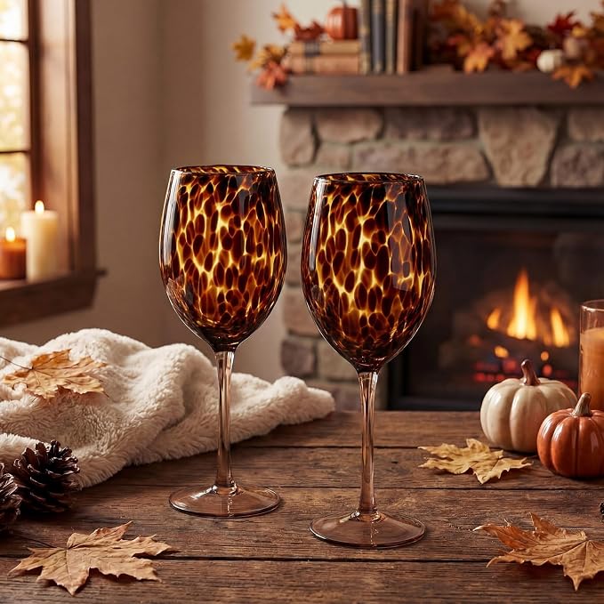 Honeydak Set of 6 Tortoise Leopard Print Brown 15oz Rocks Glasses Stylish Stemless Cocktail Cups Glass Glassware Tumbler Ideal for Gin, Tequila, Vodka, Soft Drinks